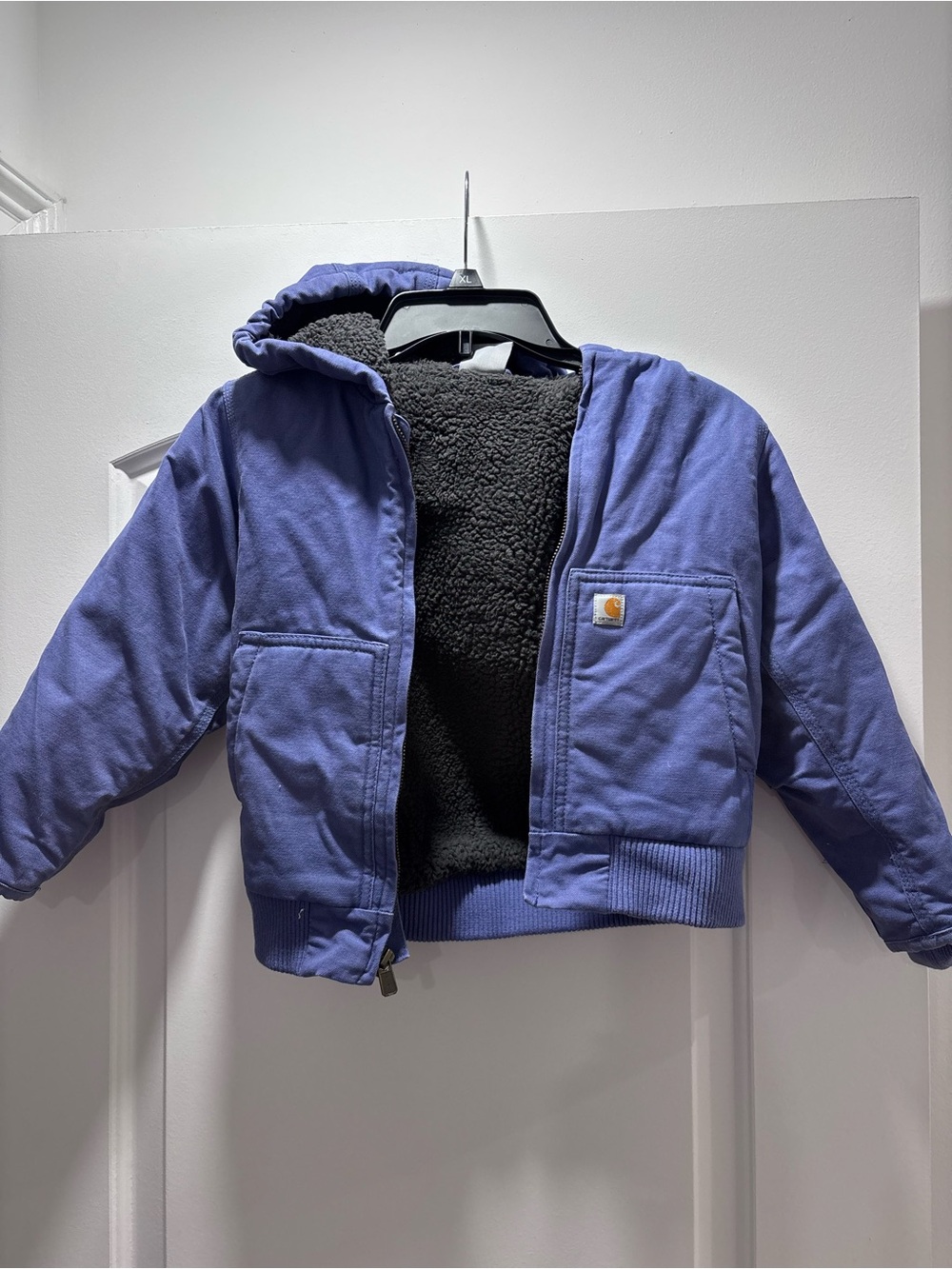 Carhartt Kids Lavender Hooded Puffer Jacket with Black Sherpa Lining